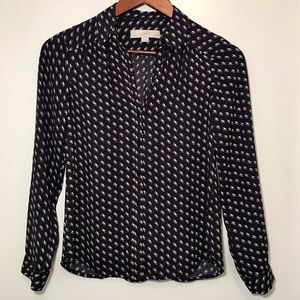 Loft Long Sleeve Button Up Blouse - Navy & White